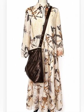 Floral Maxi Shirt Dress M + Brown Metallic Bag Crossbody Bundle Boho Cottagecore